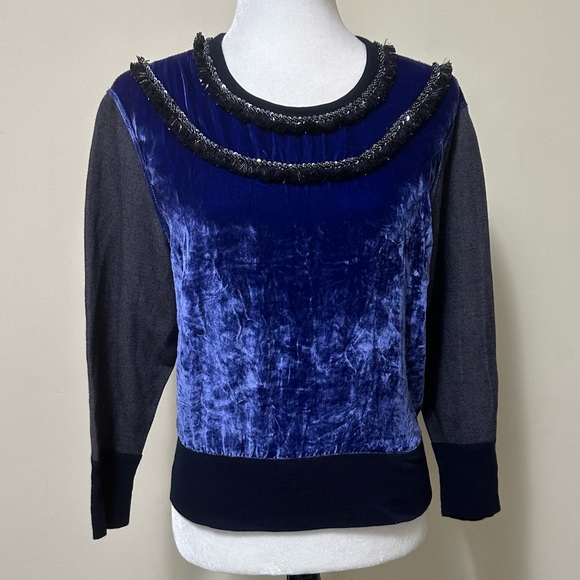 J Crew Black Label Blue Crush Velvet Beads Silver Tinsel Fringe Pullover Top S/M - Picture 12 of 15